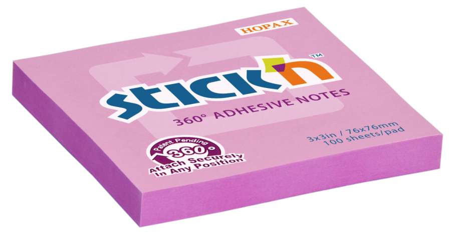Samolepicí bloček Stick'n by Hopax 360° - 76 x 76 mm, růžový, 100