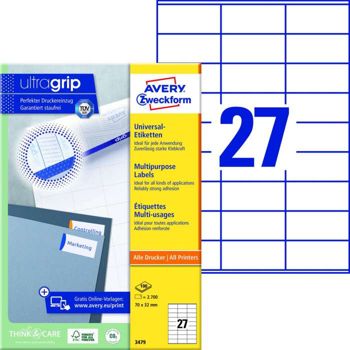 Univerzální etikety Avery Zweckform - bílé, 70 x 32 mm, 2 700 ks