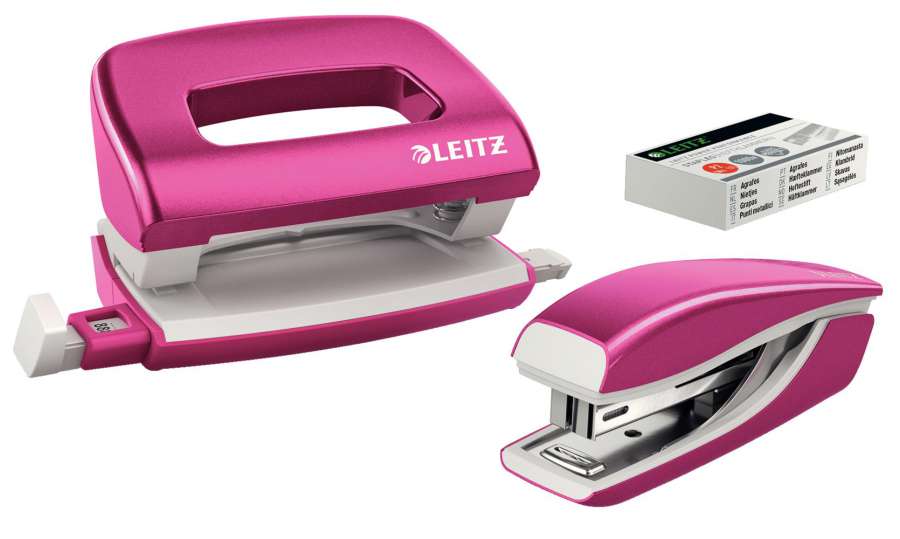 Sada mini sešívačky a děrovačky Leitz WOW - metalicky růžová
