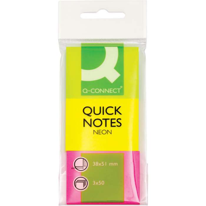 Samolepicí bloček Q-Connect - 38 x 51 mm, neonový, 3 x 50 lístků