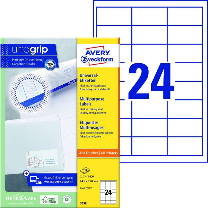 Univerzální etikety Avery Zweckform - bílé, 64,6 x 33,8 mm, 2 400 ks