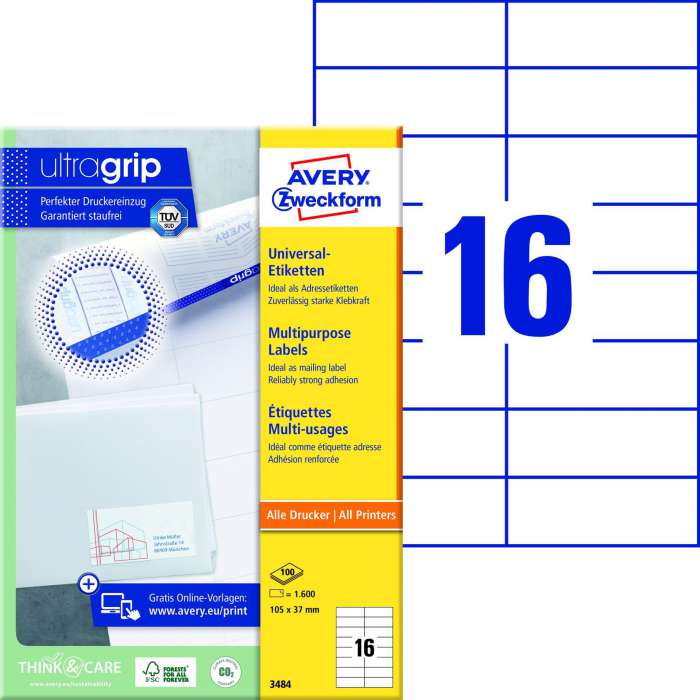 Univerzální etikety Avery Zweckform - bílé, 105 x 37 mm, 1 600 ks