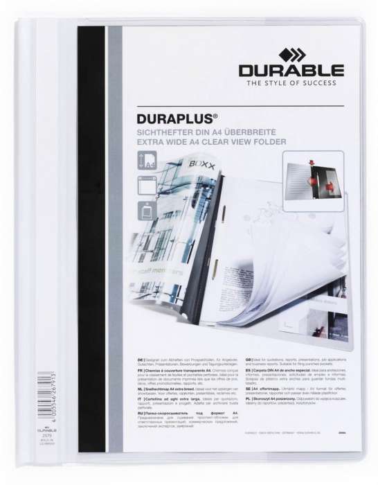 Plastový rychlovazač Durable - A4, s kapsou, bílé, 1 ks