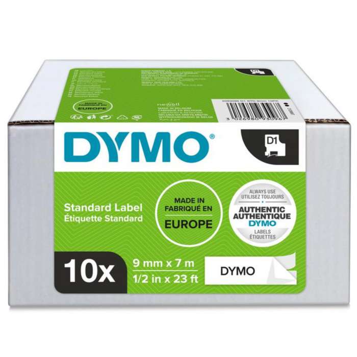 Páska Dymo D1 - 9 mm x 7m, černé písmo, bílá, 10 ks