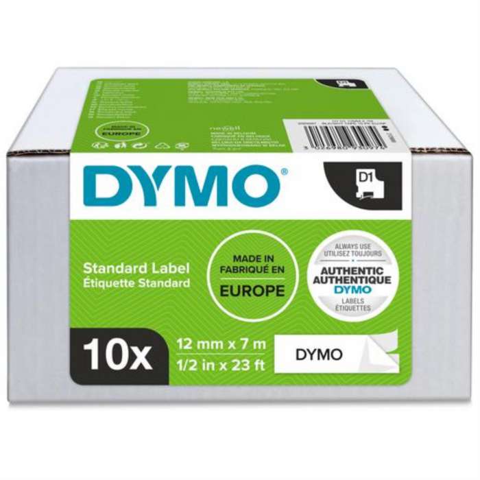 Páska Dymo D1 - 12 mm x 7m, černé písmo, bílá, 10 ks