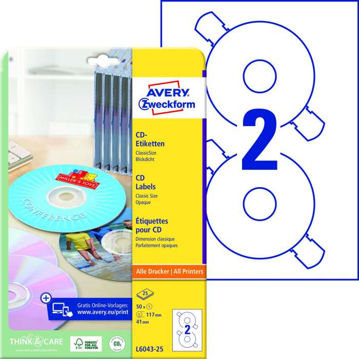 Etikety na CD Avery Zweckform - bílé, průměr 117 mm, 50 ks