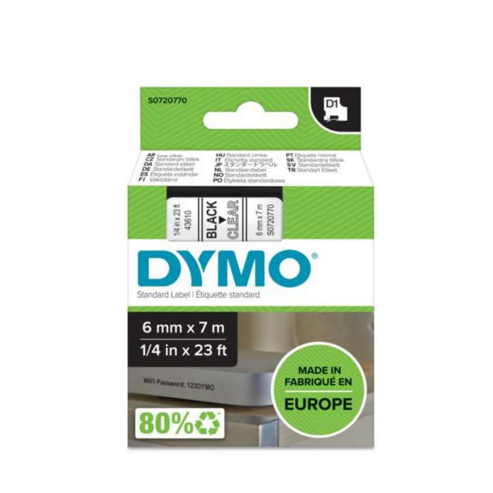 Páska Dymo D1 šířka 6 mm/návin 7m, černá / průhledná