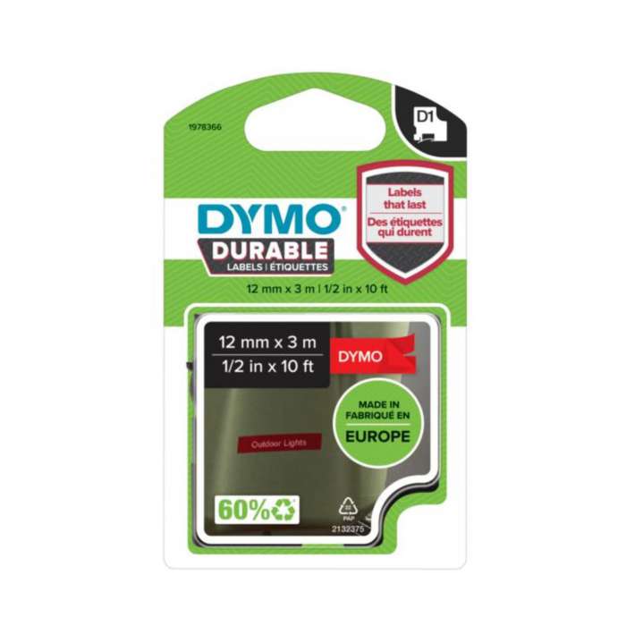 Páska Dymo D1 vinylová - červená, šířka 12 mm, návin 3 m, bílé písmo