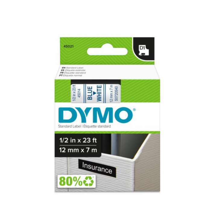 Páska Dymo D1 - bílá, šířka 12 mm, návin 7 m, modré písmo