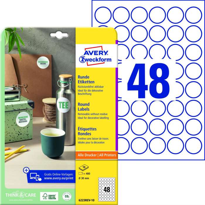 Snímatelné kulaté etikety Avery Zweckform - bílé, průměr 30 mm, 480 ks