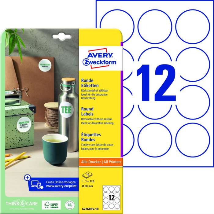 Snímatelné kulaté etikety Avery Zweckform - bílé, průměr 60 mm, 120 ks