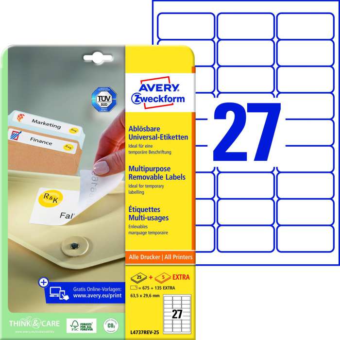 Snímatelné etikety Avery Zweckform - bílé, 63,5 x 29,6 mm, 810 ks