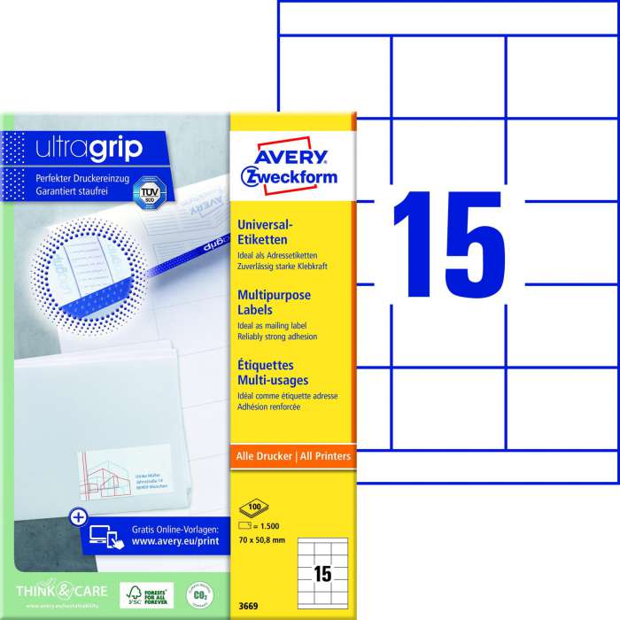 Univerzální etikety Avery Zweckform - bílé, 70 x 50,8 mm, 1500 ks
