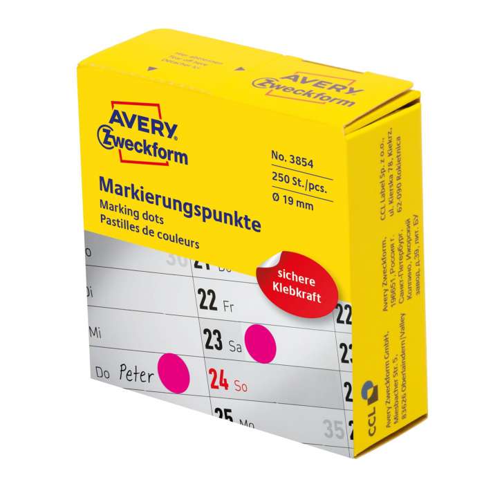 Kulaté etikety v zásobníku Avery Zweckform - purpurové, průměr 19 mm,