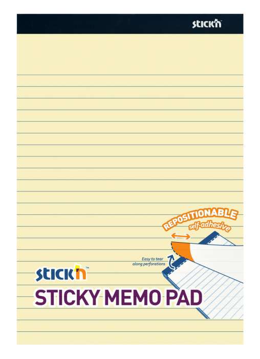 Samolepicí bloček Stick'n by Hopax - 254 x 178 mm, žlutý linkovaný, 50