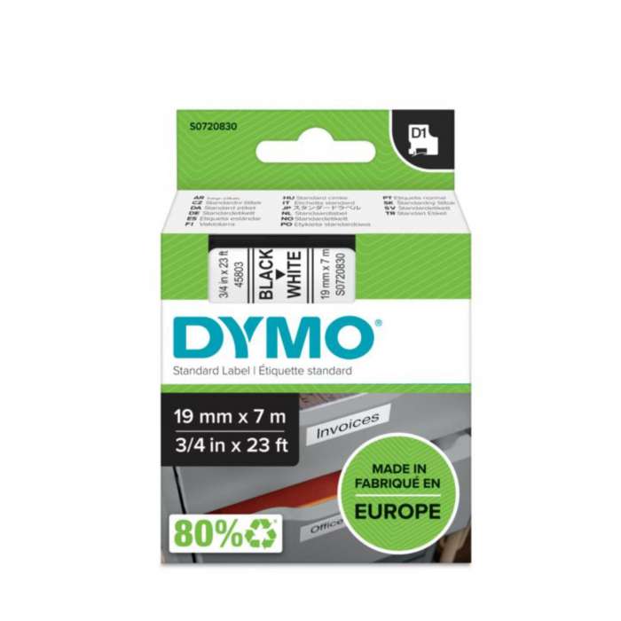 Páska Dymo D1 - bílá, šířka 19 mm, návin 7 m, černé písmo