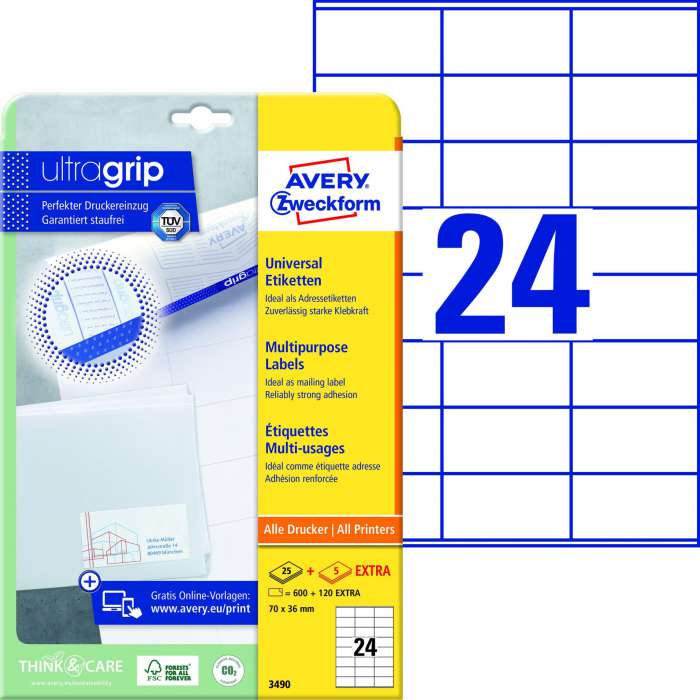 Univerzální etikety Avery Zweckform - bílé, 70 x 36 mm, 720 ks
