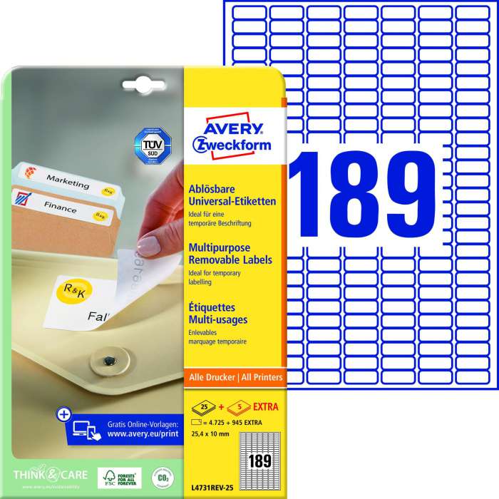 Snímatelné etikety Avery Zweckform - bílé, 25,4 x 10 mm, 5 670 ks
