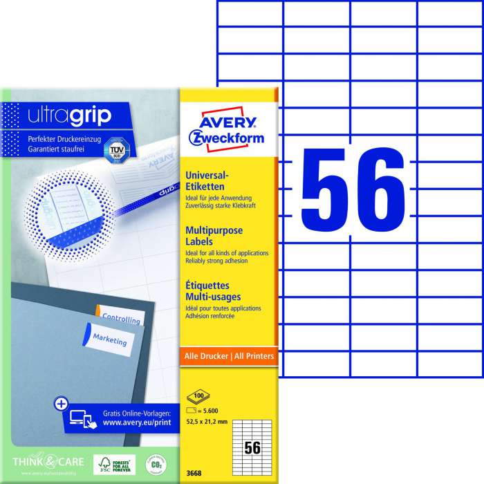 Univerzální etikety Avery Zweckform - bílé, 52,5 x 21,2 mm, 5 600 ks