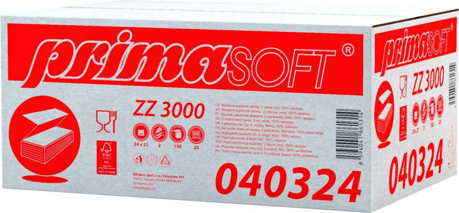 Skládané papírové ručníky PrimaSOFT - 2vrstvé, bílé, 20x 150 ks