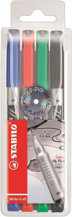 Permanentní popisovač STABILO Write-4-all - hrot S, sada 4 barev