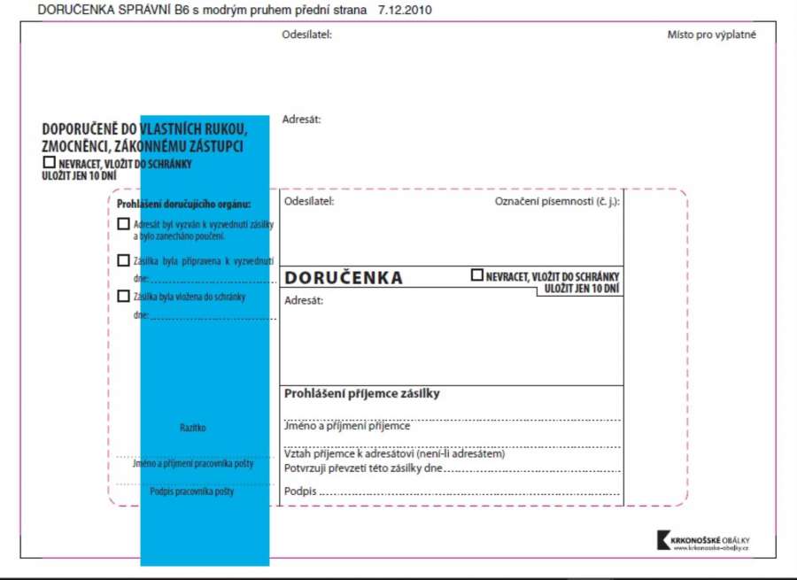 Doručenky B6 - modrý pruh, pro správní řízení, samolepicí, 100 ks