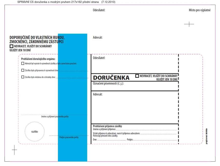 Doručenky C5 - modrý pruh, pro správní řízení, s krycí páskou, 100 ks