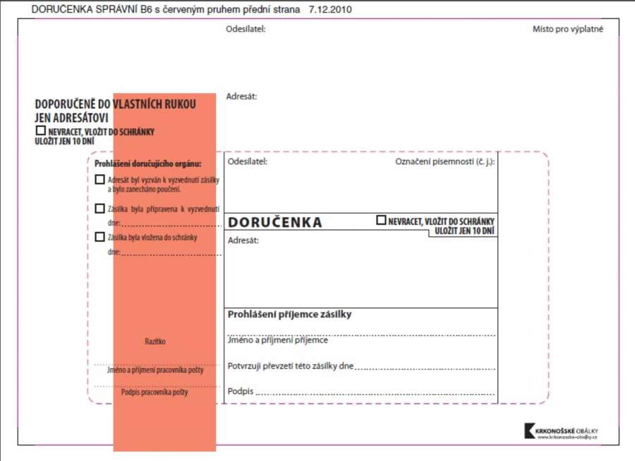 Doručenky B6 - červený pruh, pro správní řízení, samolepicí, 100 ks