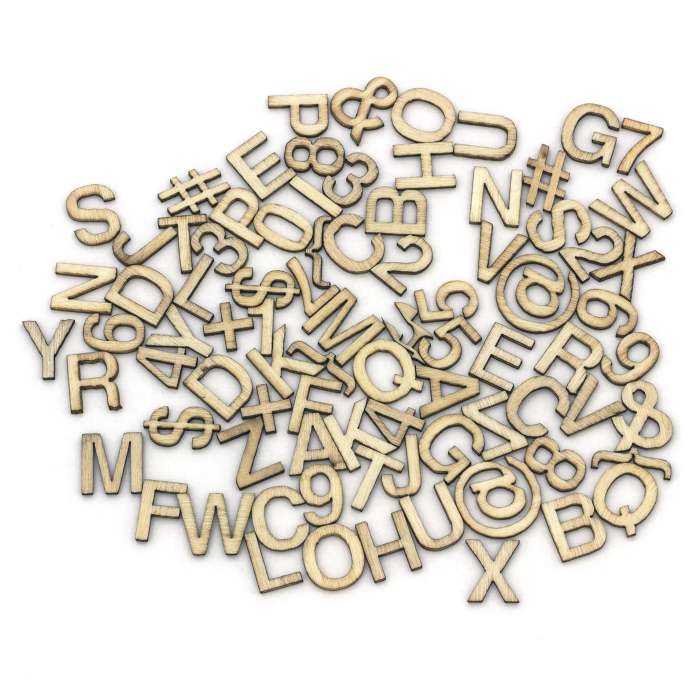 Dekorační dřevěné výřezy - abeceda a číslice, 13 mm, 86 ks