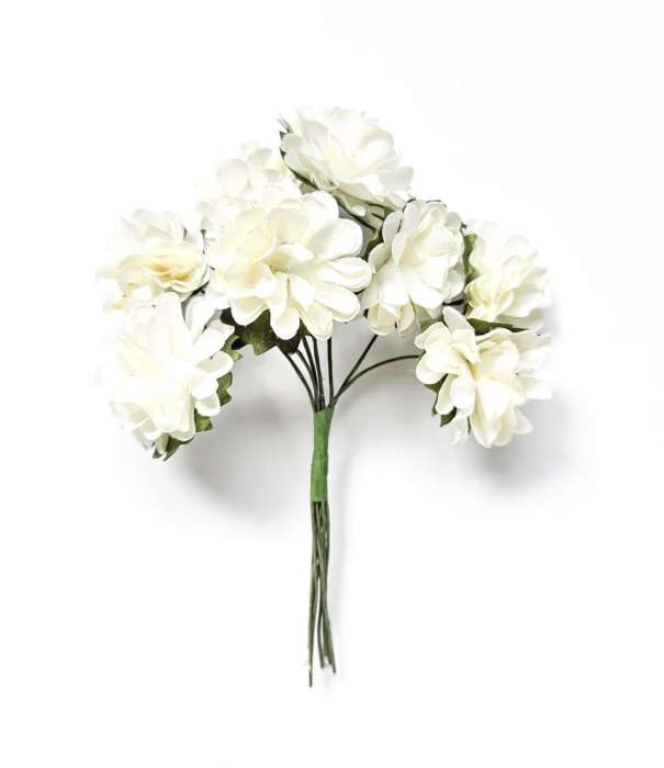 Papírové květiny na drátku - dahlia, bílá, 8 ks