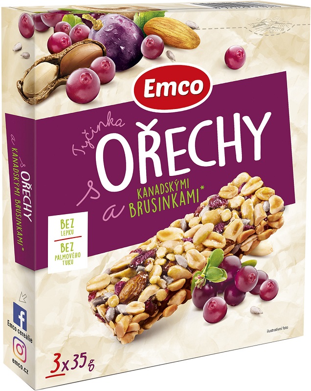 Tyčinka Emco s ořechy a kanad. brusinkami, 3x 35g