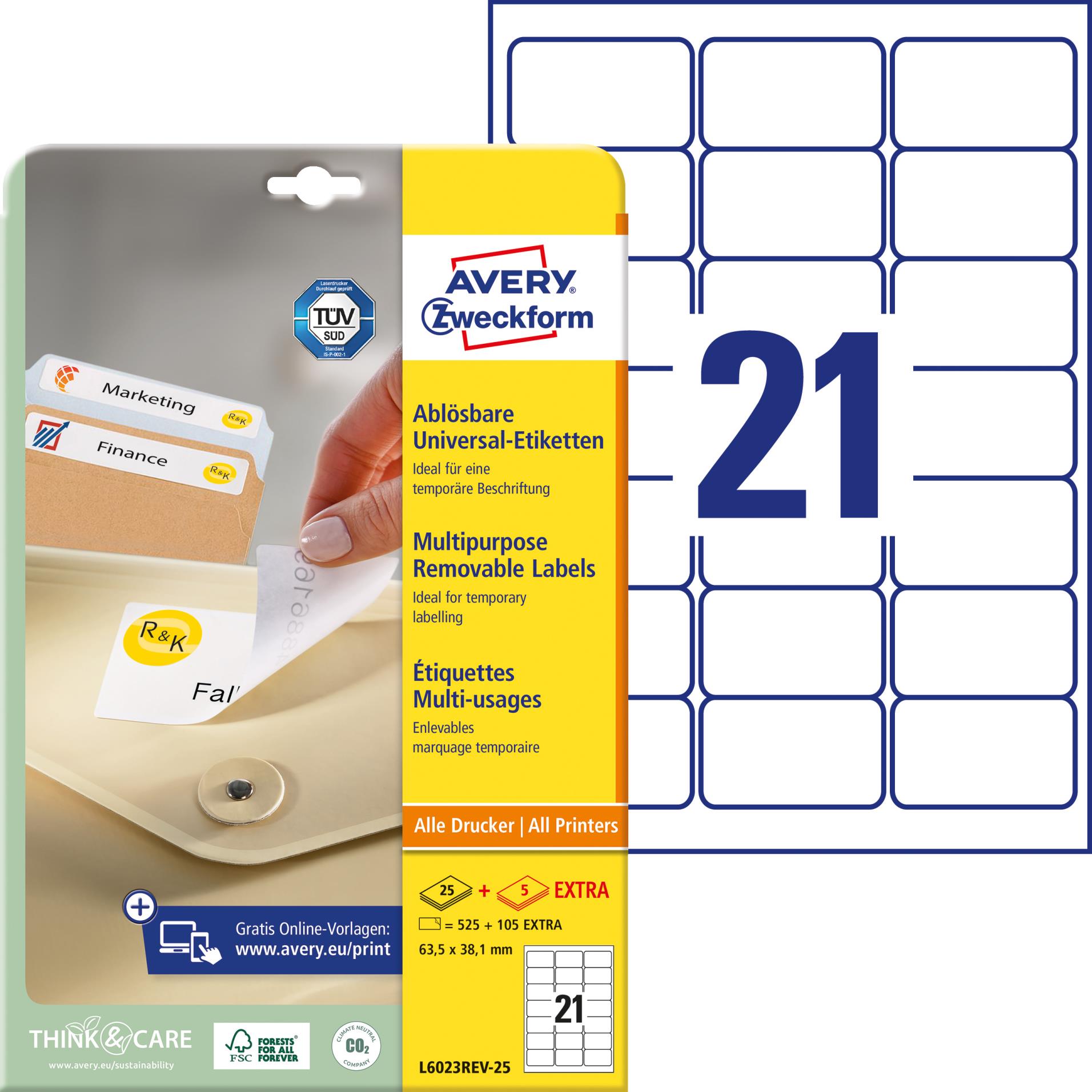 Avery Zweckform Snímatelné etikety, bílé, 63,5 x 38,1 mm, 525 ks