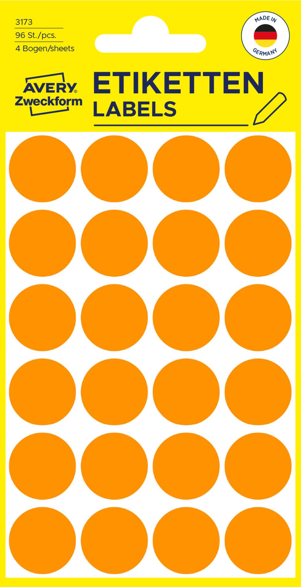 Kulaté etikety Avery Zweckform - neon oranžová, d=18 mm
