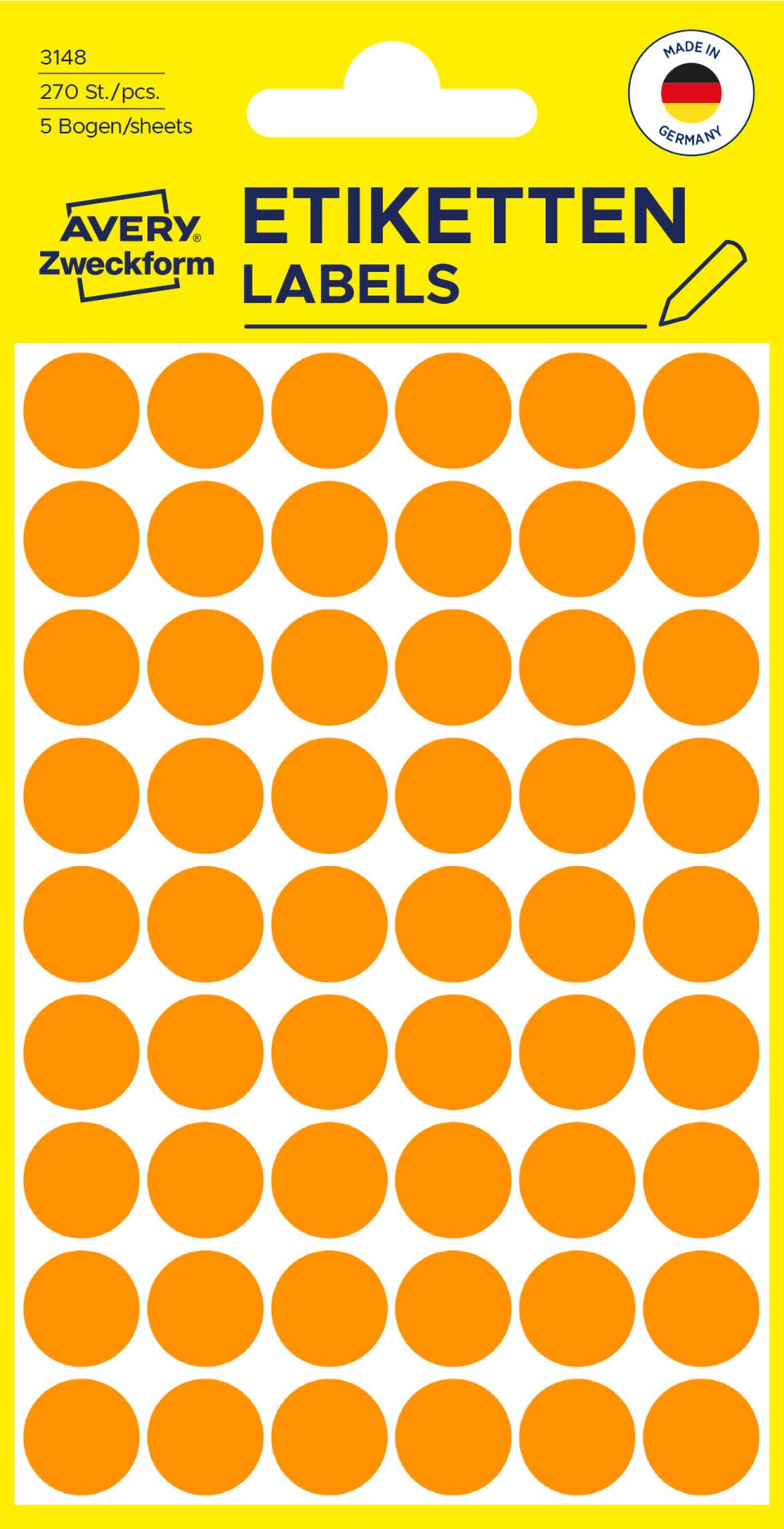 Kulaté etikety Avery Zweckform - neon oranžová, d=12 mm