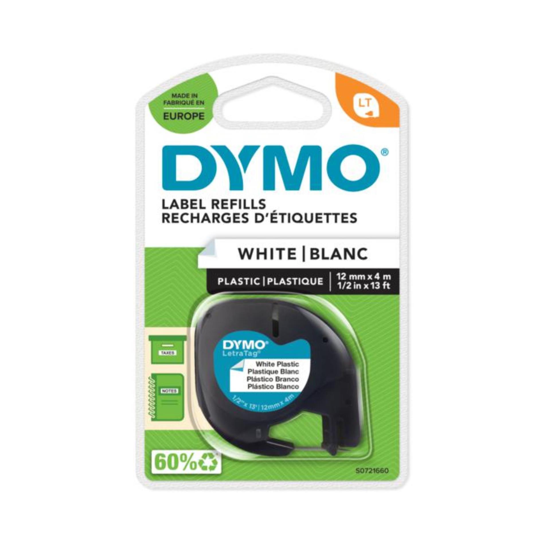 Levně Páska Dymo LetraTag - bílá, šířka 12 mm, návin 4 m, černé písmo (plastová)