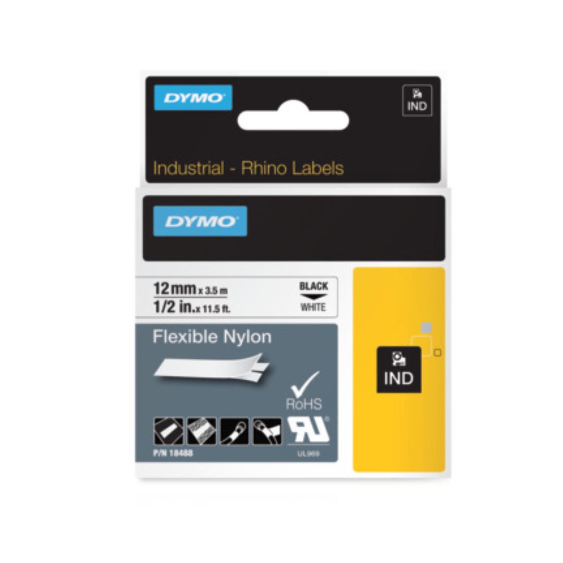 Páska Dymo Rhino - bílá, šířka 12 mm, návin 3,5 m, černé písmo (nylonová flexibilní)
