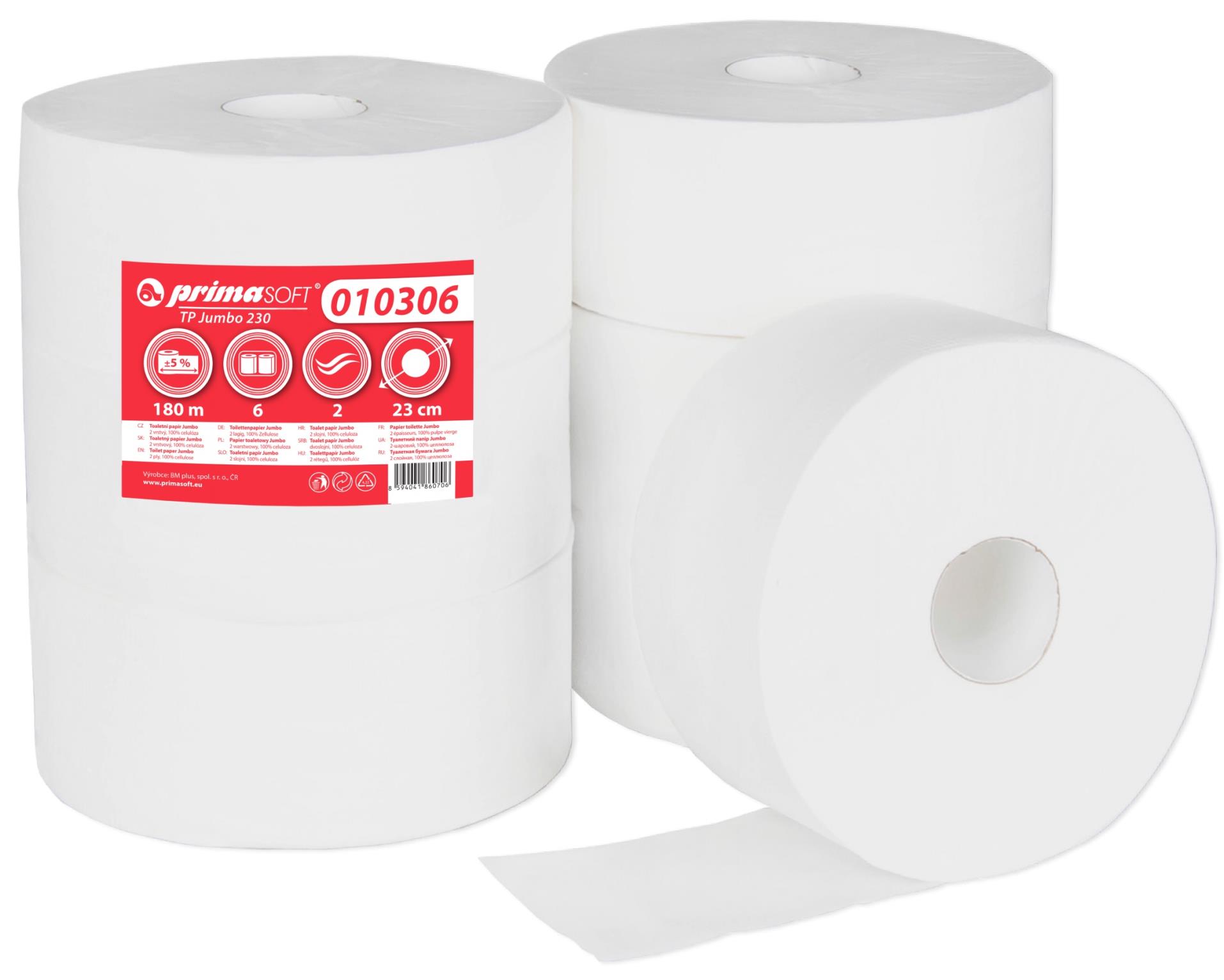 Toaletní papír jumbo PrimaSoft - 2vrstvý, celulóza,  23 cm, 6 rolí