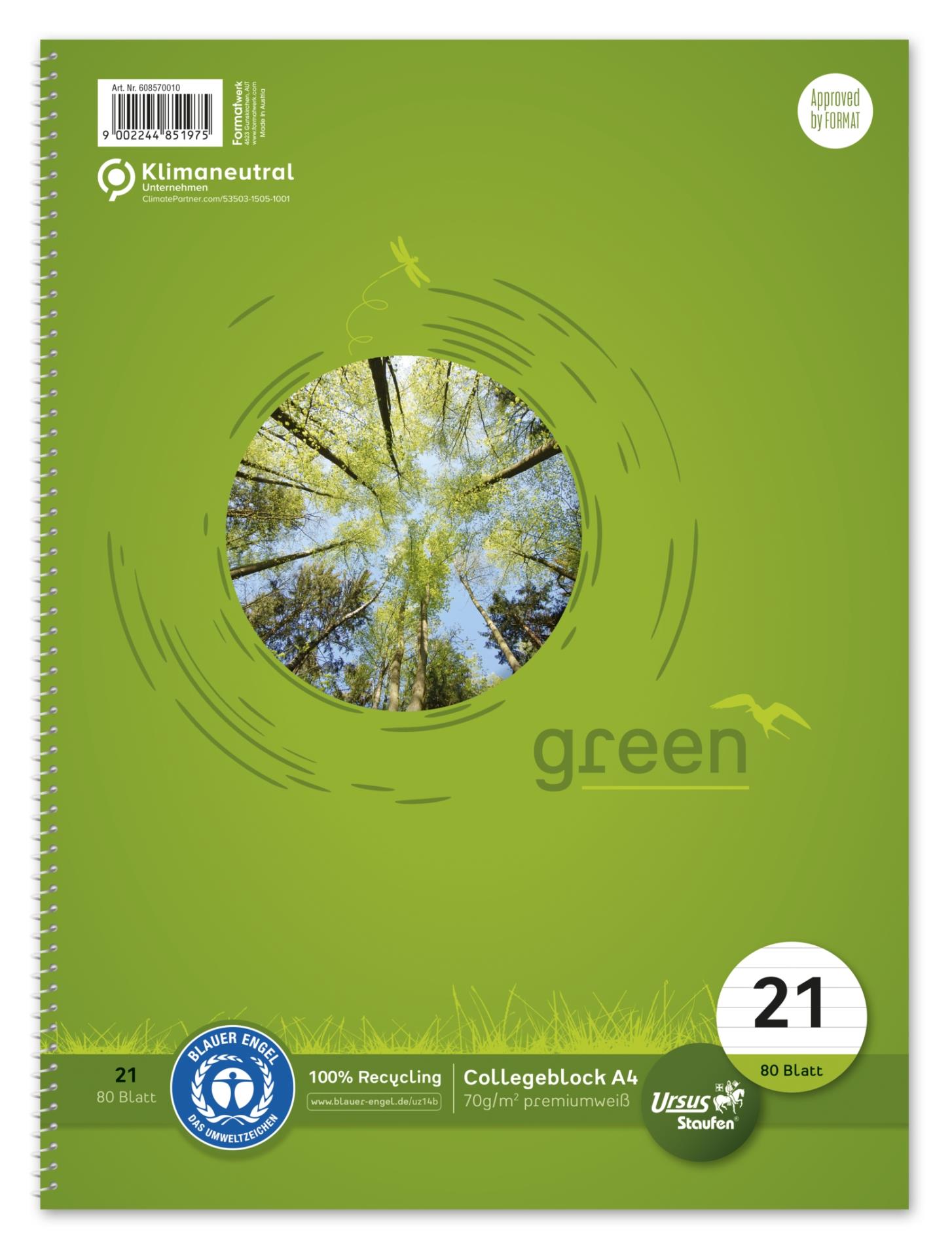 Ursus Green Blok s boční vazbou College Ursus - A4, 80 listů, linkovaný