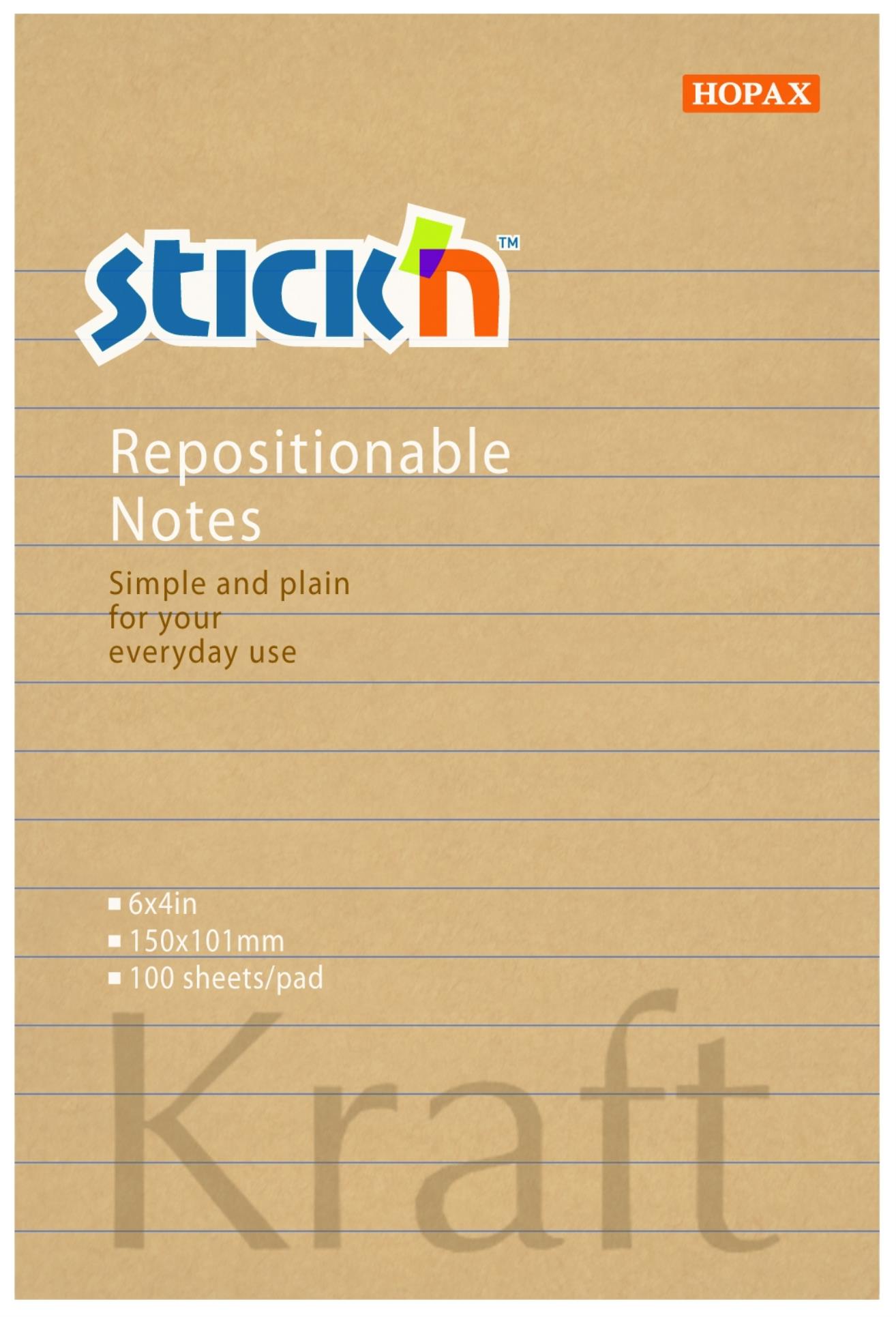 Stick’n by Hopax Samolepicí bloček Kraft Notes - 150x101mm, linkovaný, přírodně hnědý