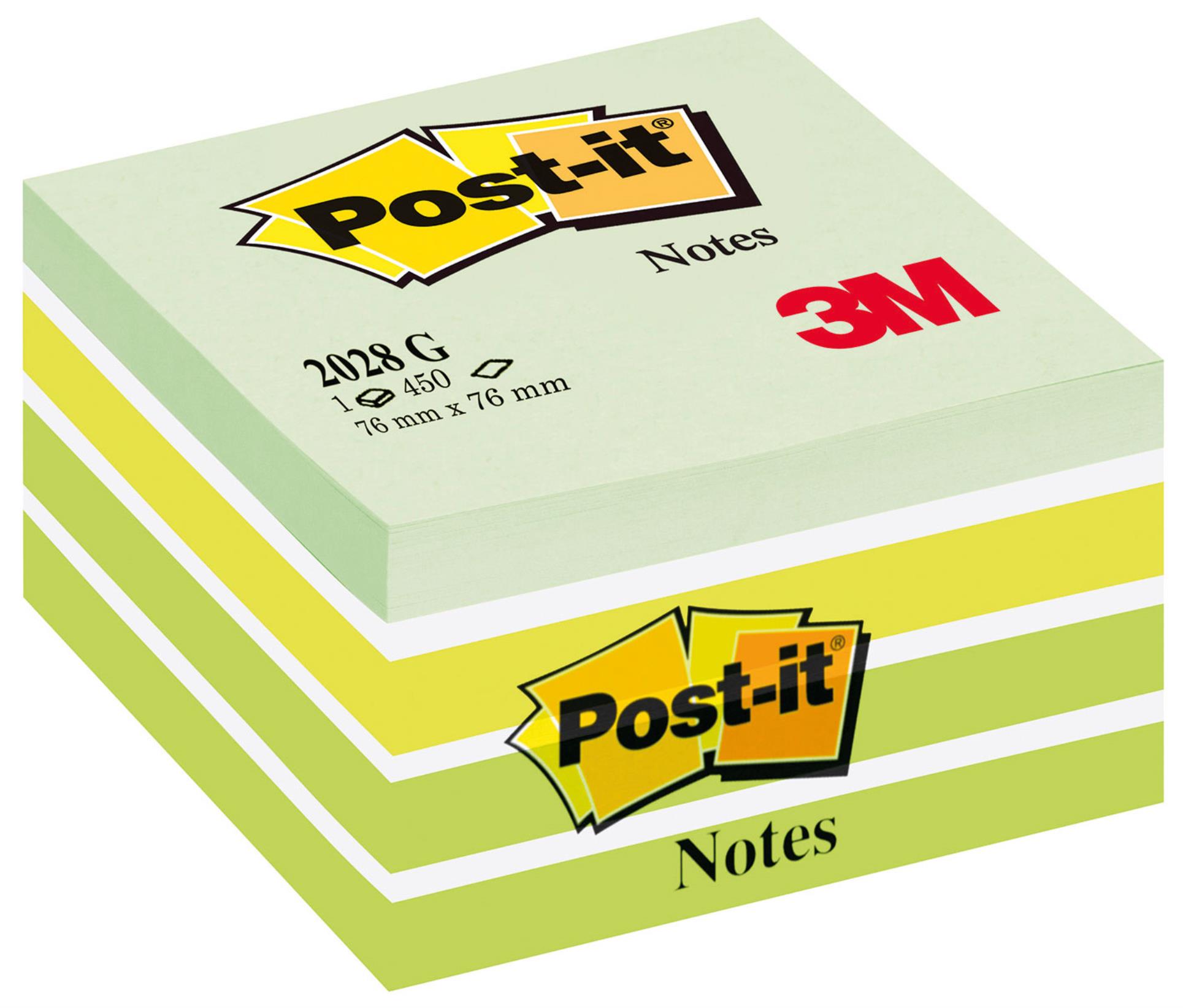 Kostka Post-it - 76x76 mm, odstíny zelené barvy, 450 lístků