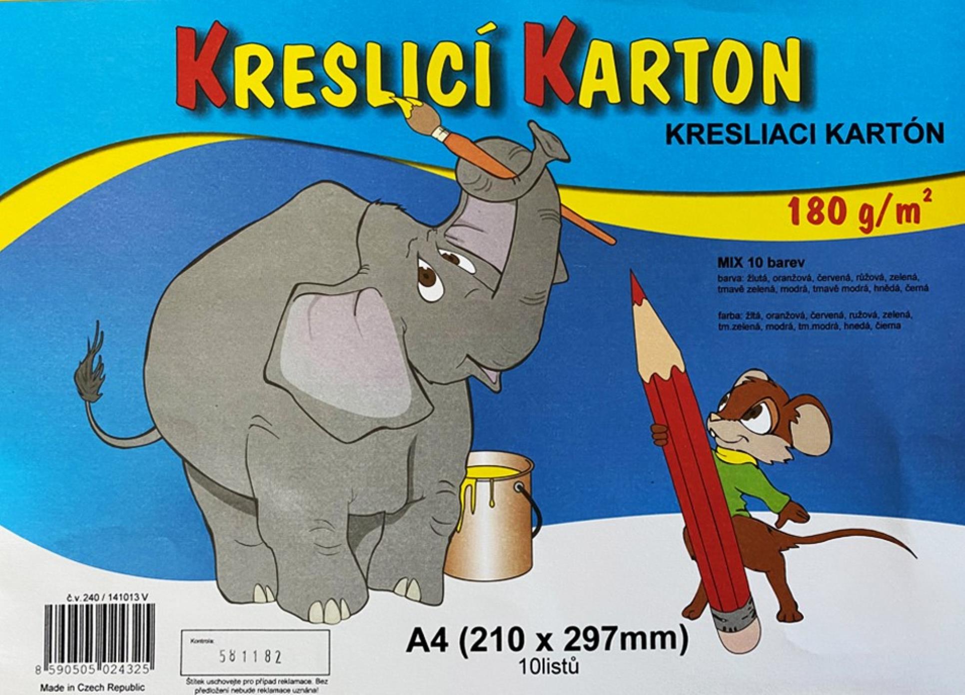 Kreslicí karton A4 - barevný, 180g/m2, 10 listů, 10 barev