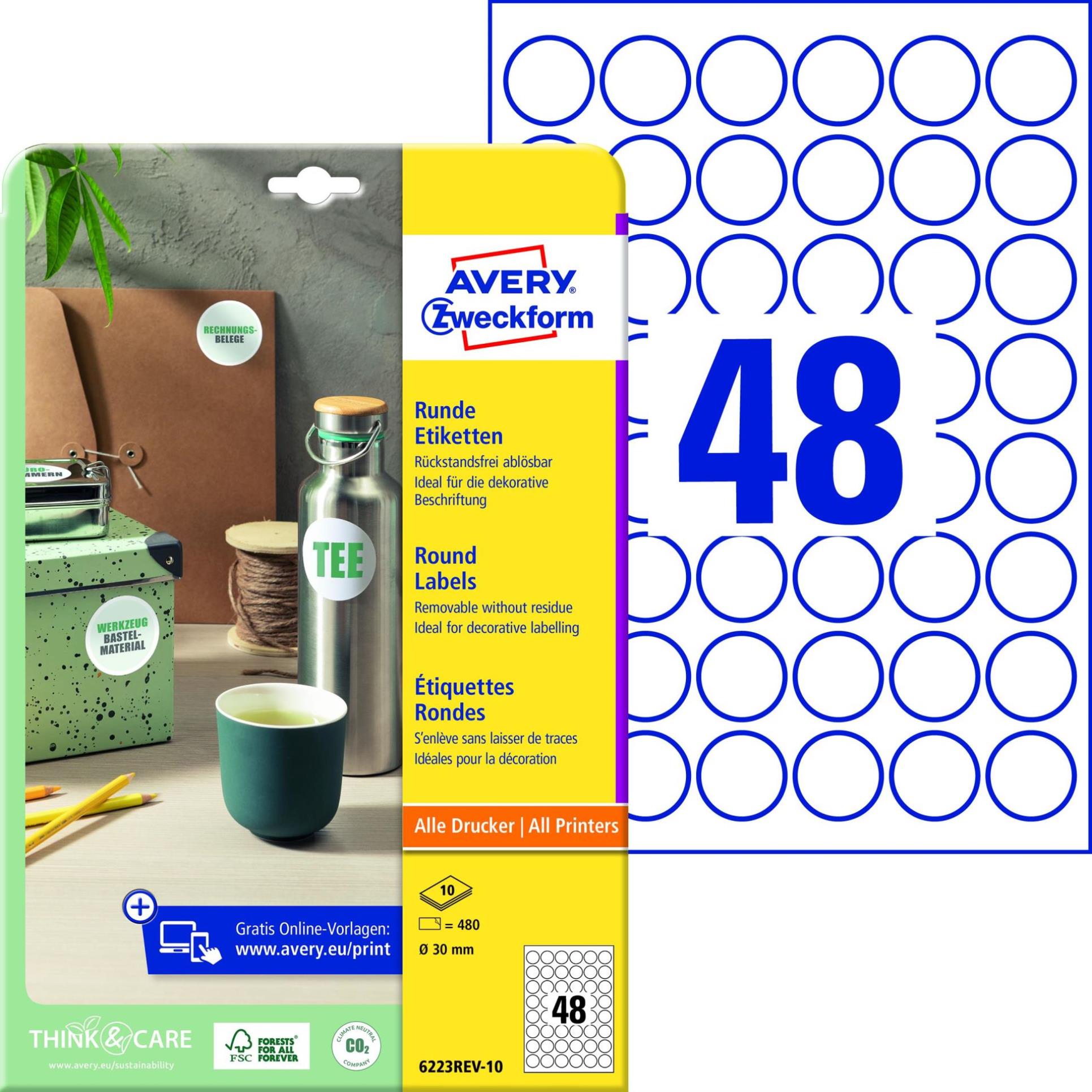 Snímatelné kulaté etikety Avery Zweckform - bílé, průměr 30 mm, 480 ks