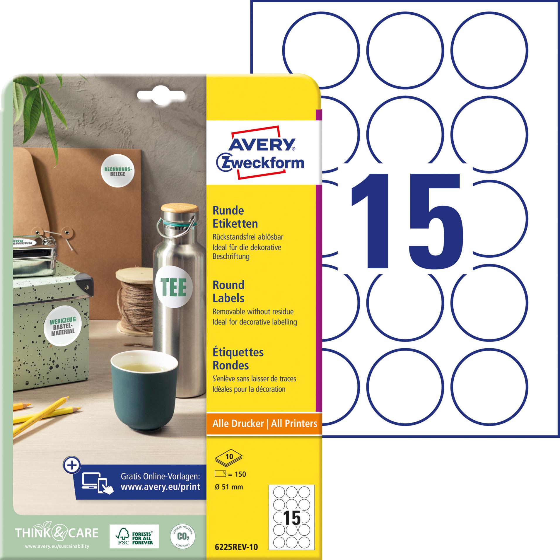 Snímatelné kulaté etikety Avery Zweckform - bílé, průměr 51 mm, 150 ks