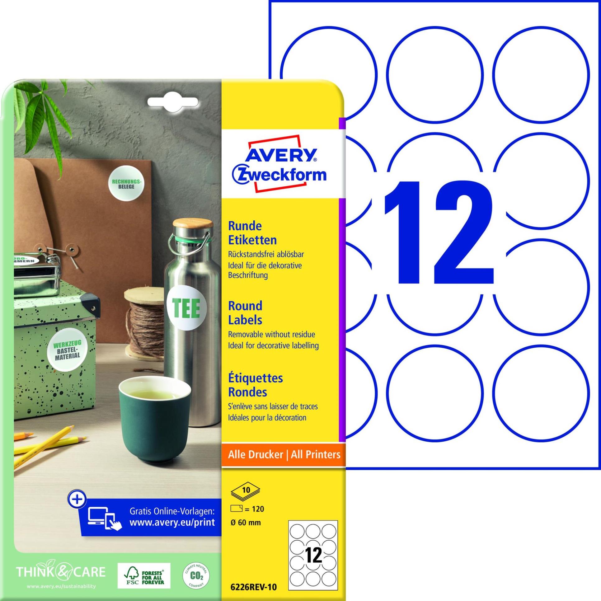 Snímatelné kulaté etikety Avery Zweckform - bílé, průměr 60 mm, 120 ks