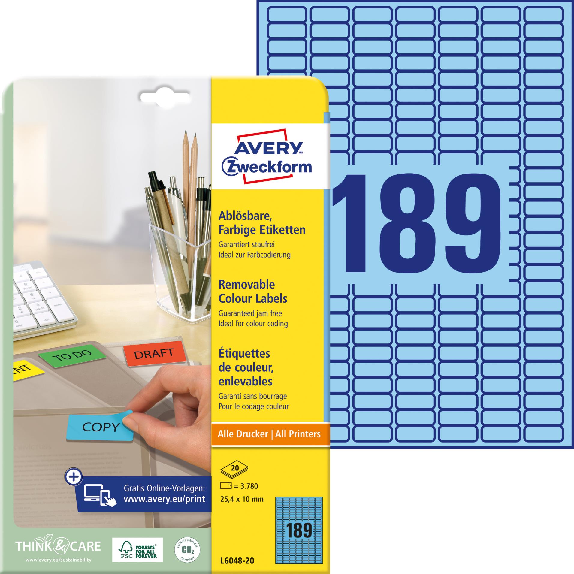 Snímatelné etikety Avery Zweckform - modré, 25,4 x 10 mm, 3 780 ks