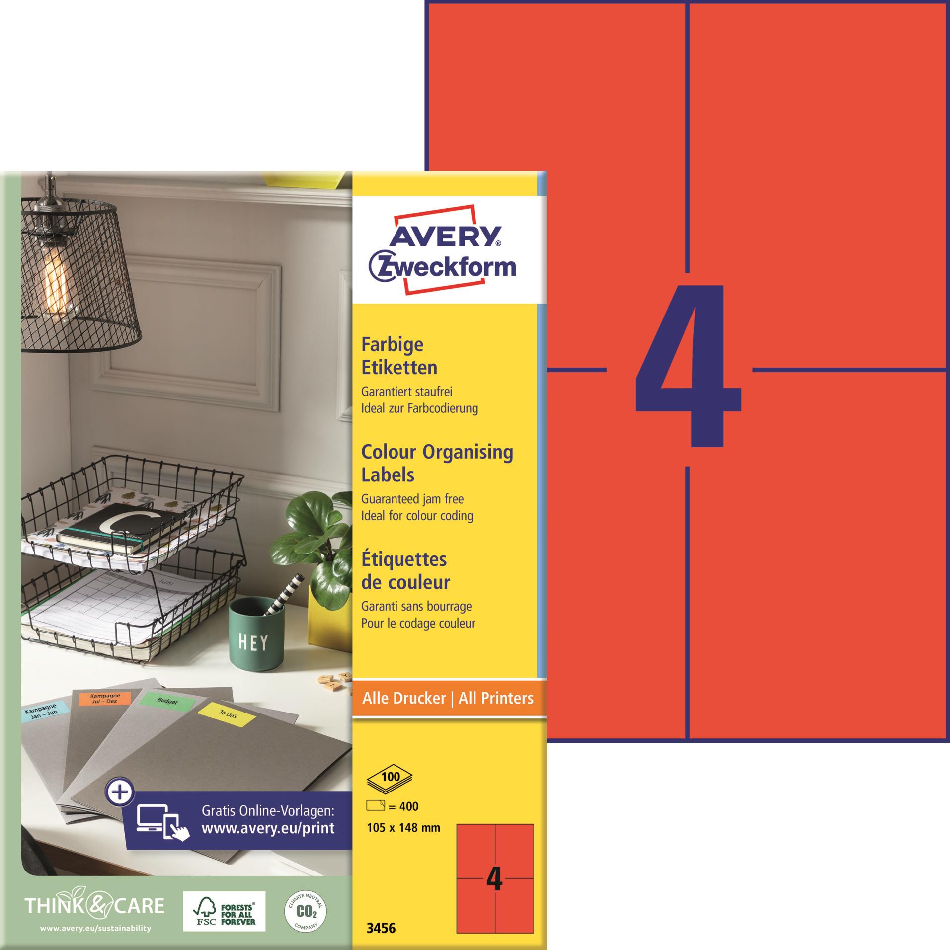Univerzální etikety Avery Zweckform - červené, 105 x 148 mm, 400 ks