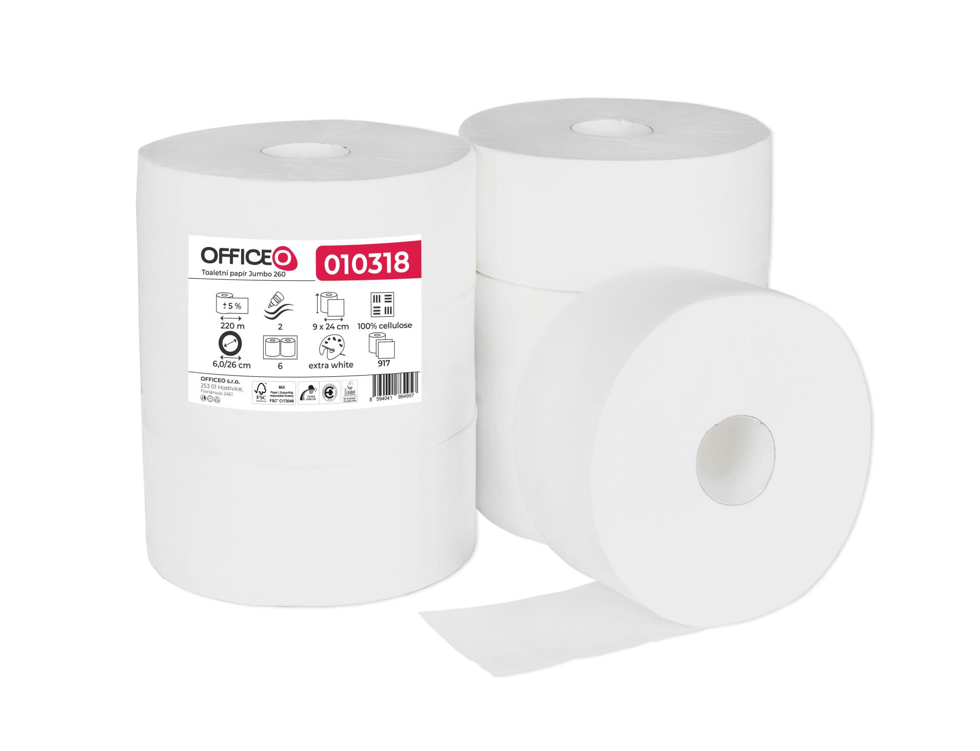 Levně OFFICEO Toaletní papír jumbo PrimaSoft - 2vrstvý, bílý, 26 cm, 6 rolí