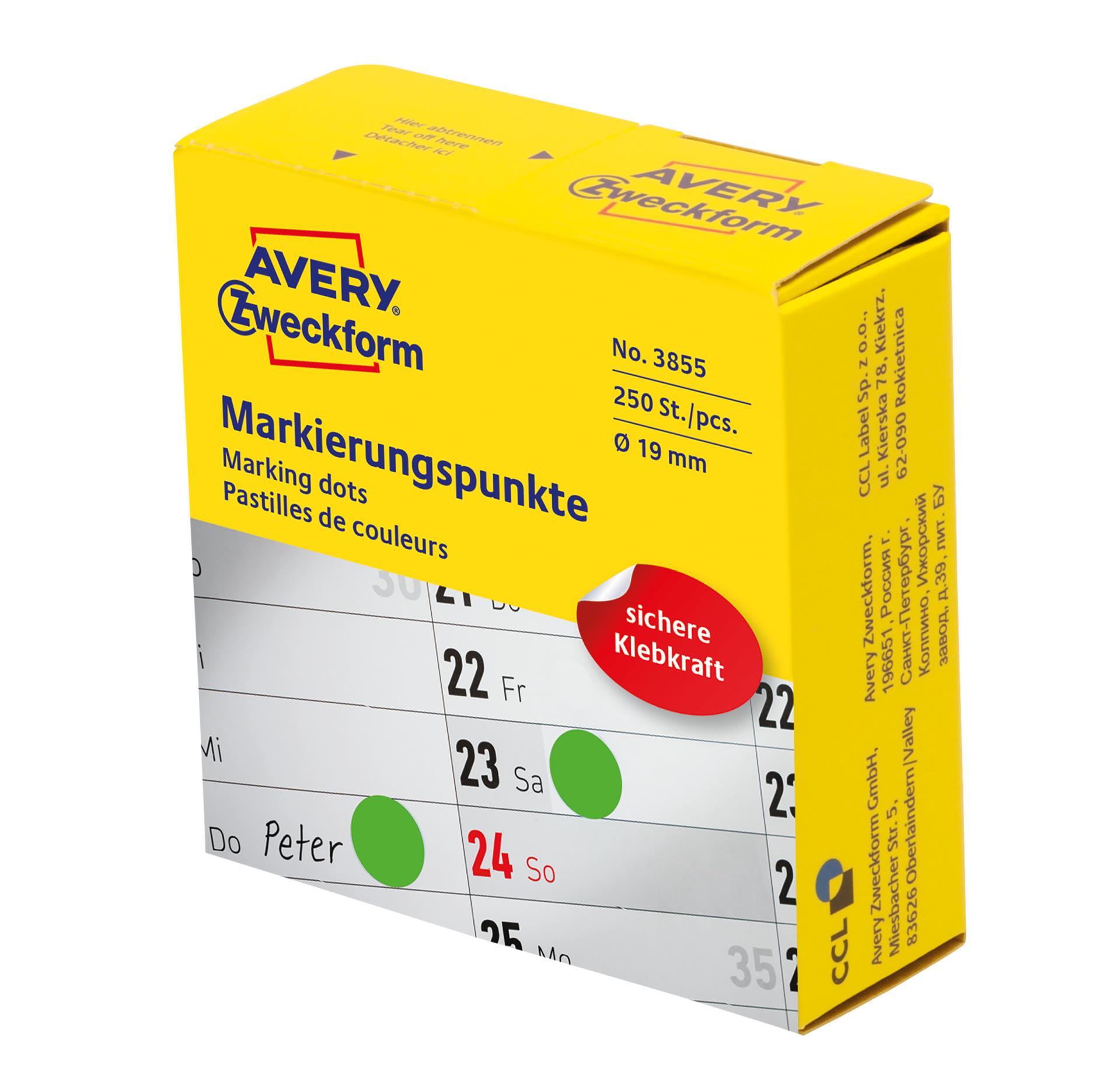 Kulaté etikety v zásobníku Avery Zweckform - zelené, průměr 19 mm, 250 ks
