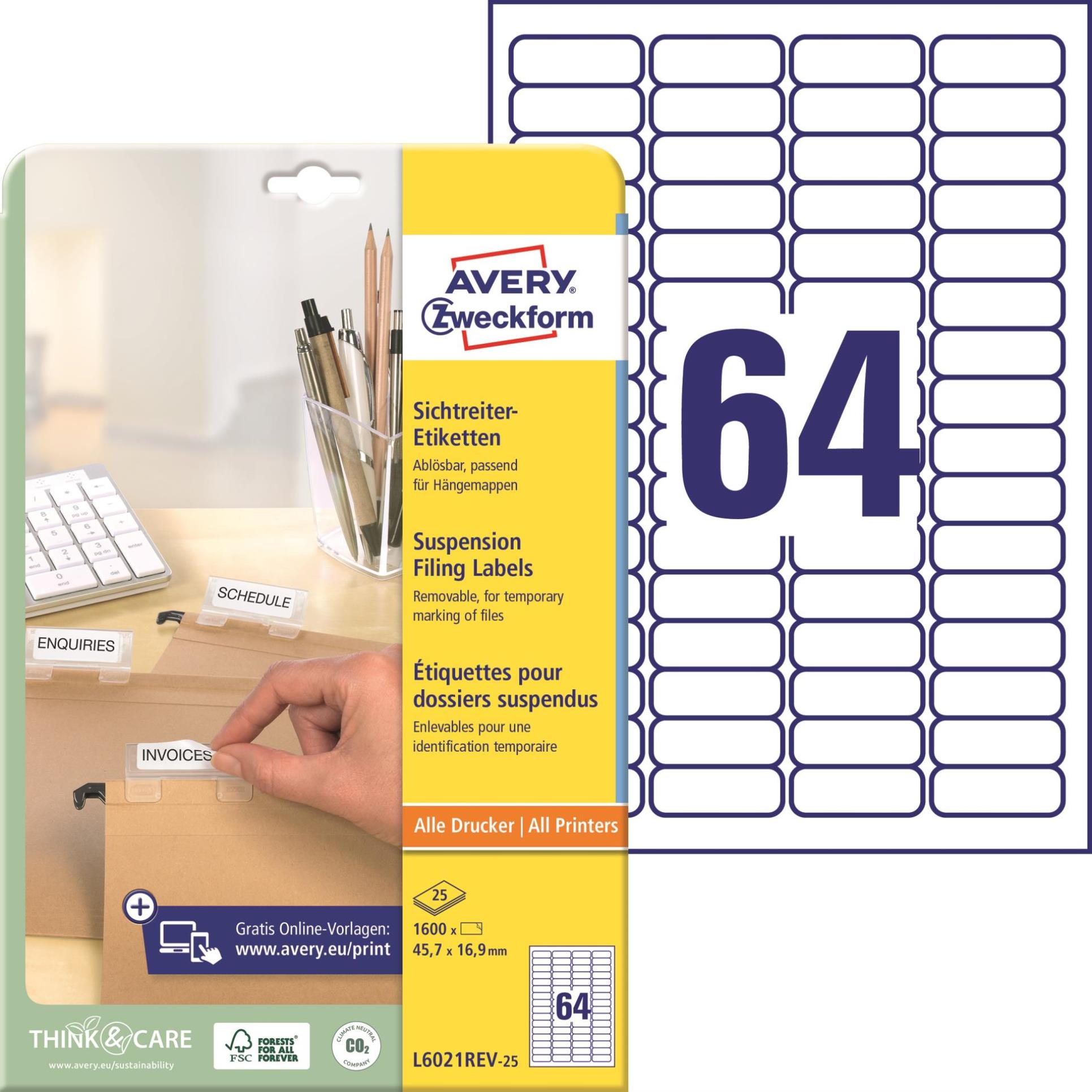 Etikety na závěsné složky Avery Zweckform - bílé, 45,7 x 16,9 mm, 1600 ks