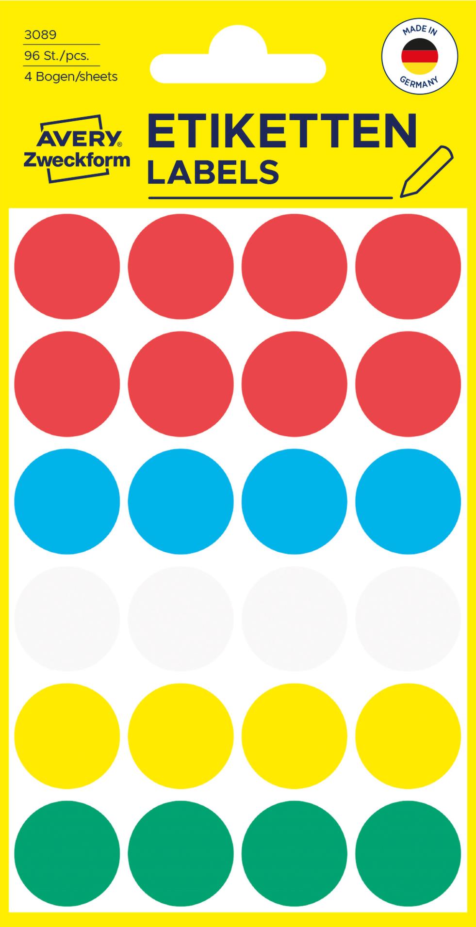 Kulaté etikety Avery Zweckform - mix barev, průměr 18 mm, 96 ks